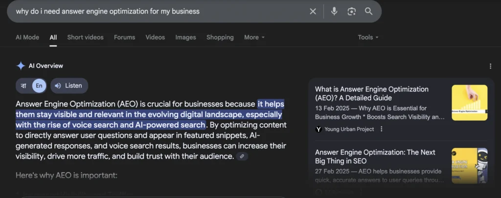 Google AI Overview explaining why answer engine optimization (AEO) is crucial for businesses to remain visible and relevant in voice search and AI-powered results.