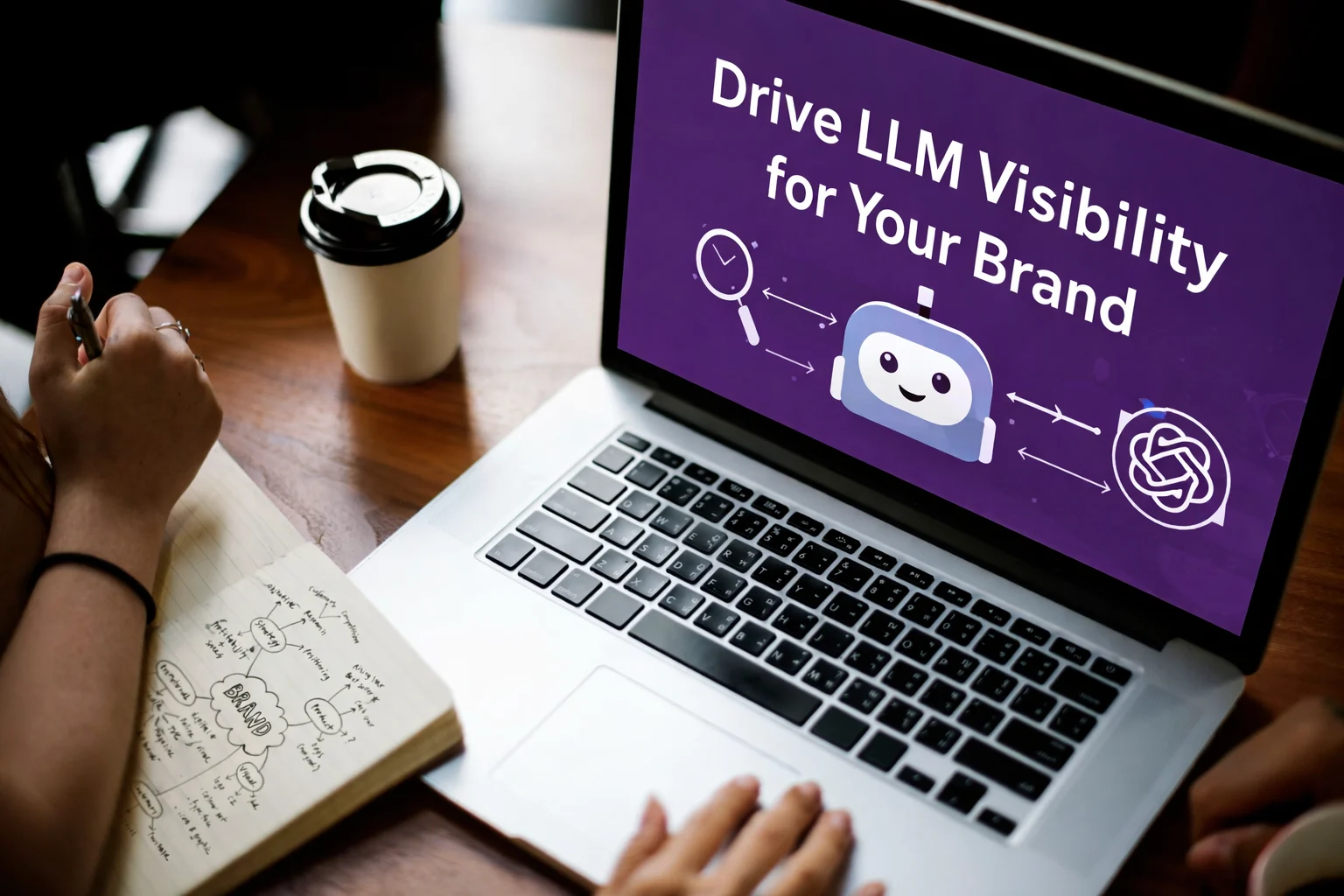 Laptop screen showing LLM visibility strategy for brands with AI and search optimization elements