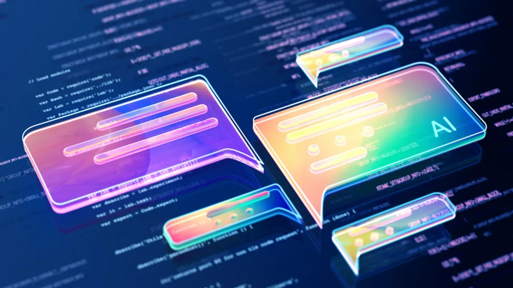 Colorful AI chat interface elements displayed over programming code, representing how LLMs interpret structured data and implement recommended LLM optimization for AI visibility.