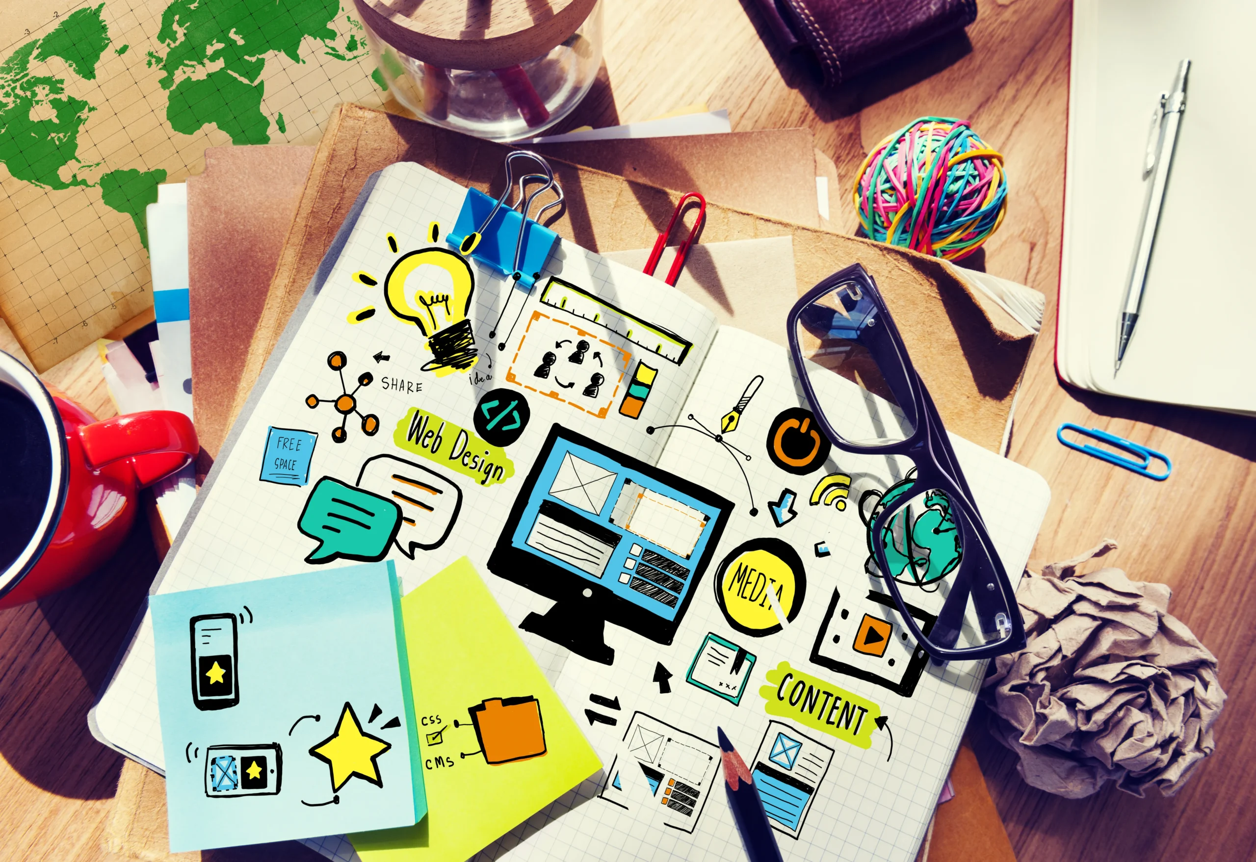 Creative web design planning sketch with UI elements, branding concepts, and digital content layout ideas on a notebook