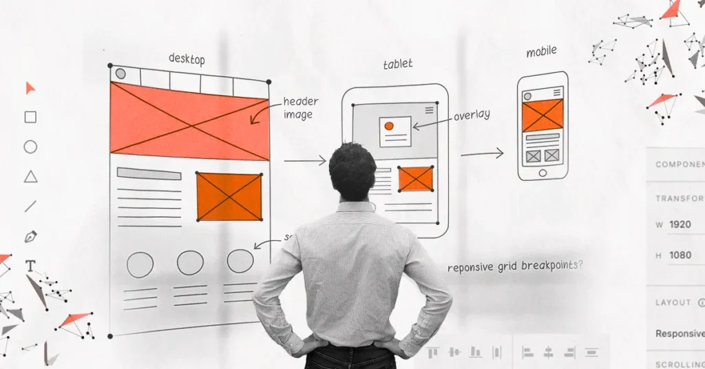 Designer reviewing responsive wireframes for desktop, tablet, and mobile, illustrating creative web design and development focused on intuitive user experience.