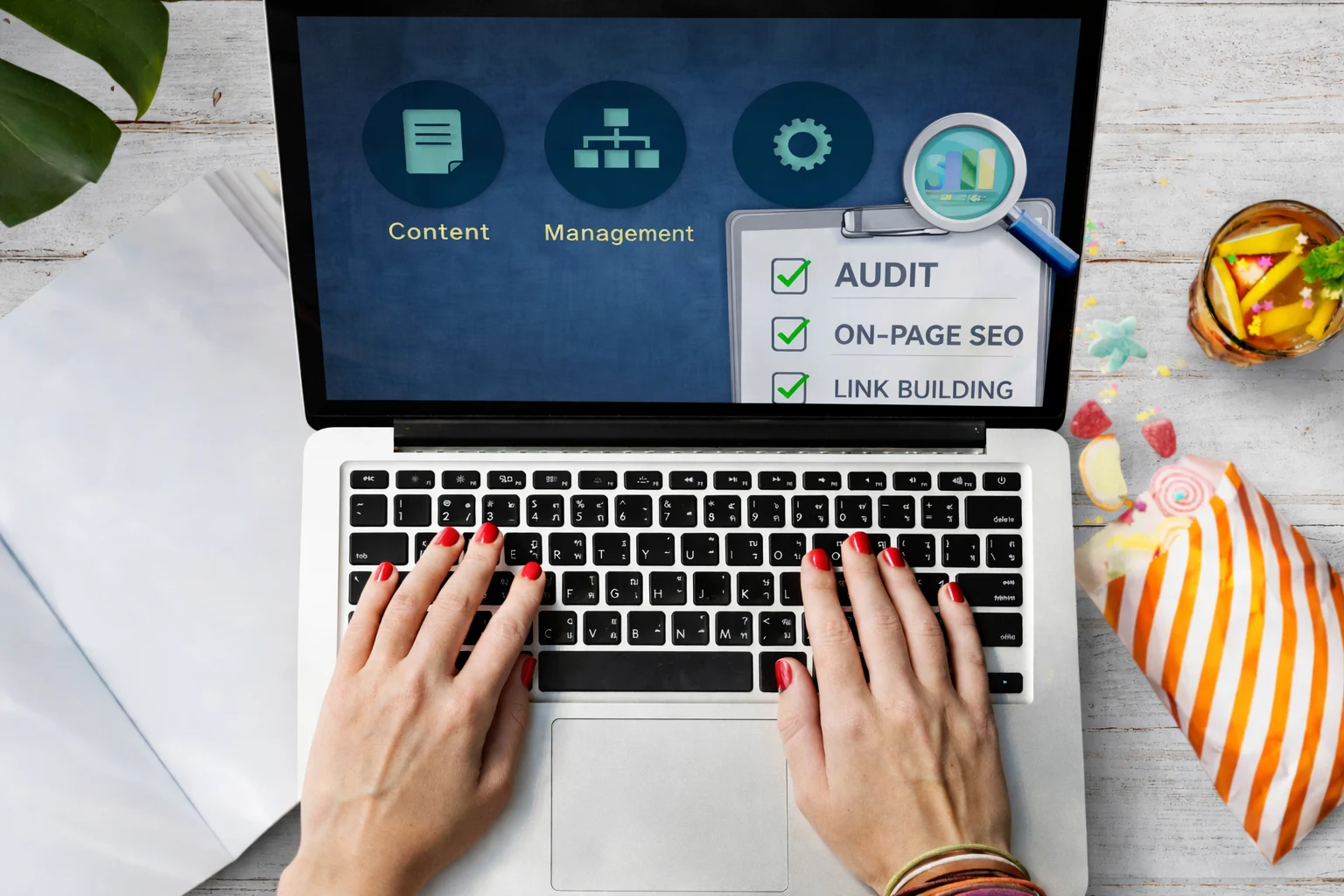 Business owner reviewing organic SEO services checklist on laptop screen with audit, on-page SEO, and link building elements