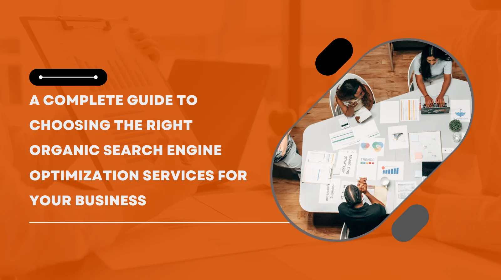 Team collaborating around a table with laptops and printed reports, representing strategic planning for organic search engine optimization services.