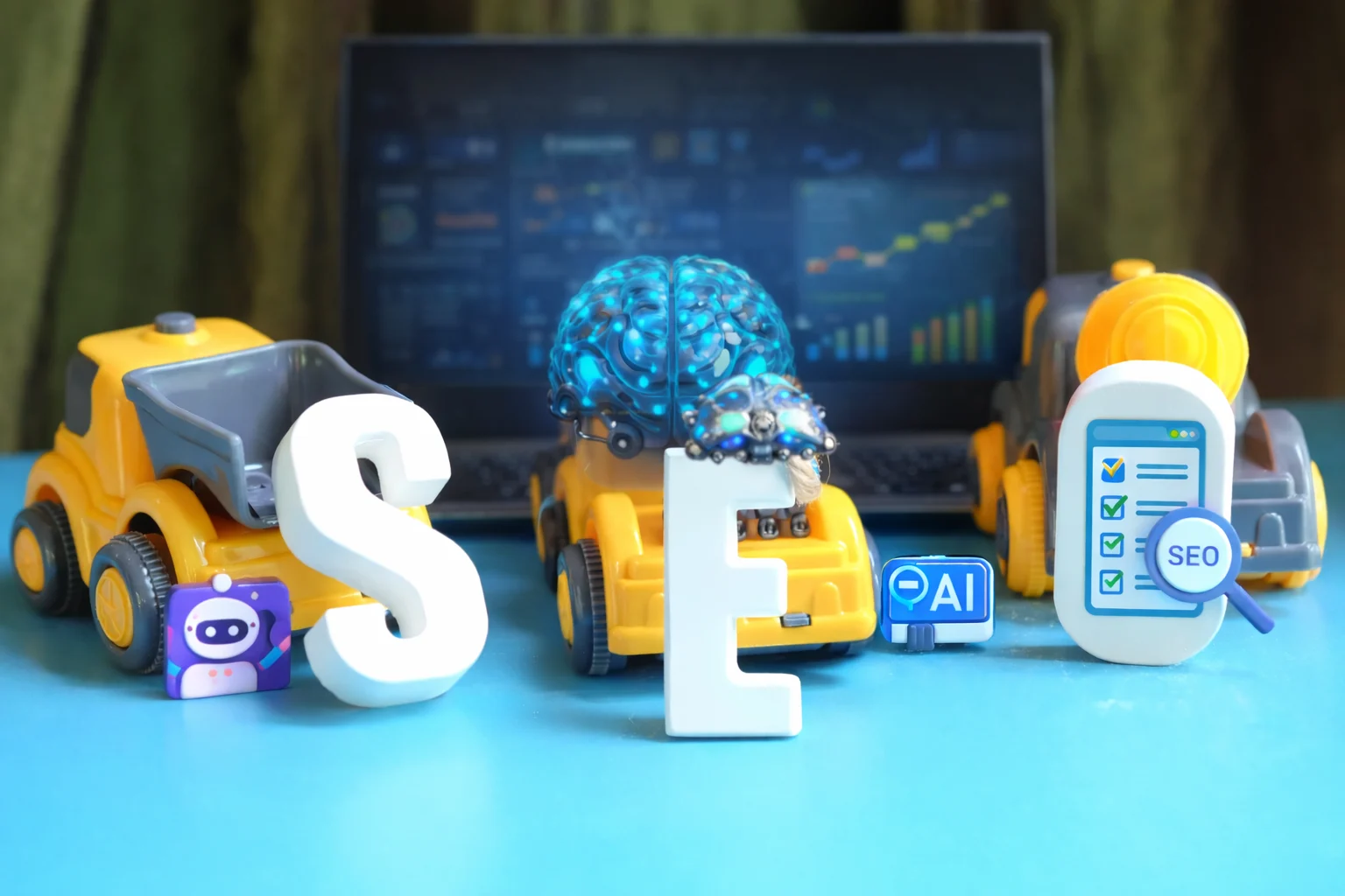 Toy construction trucks building SEO letters with AI brain and checklist icons, representing AI-powered SEO strategies in 2026
