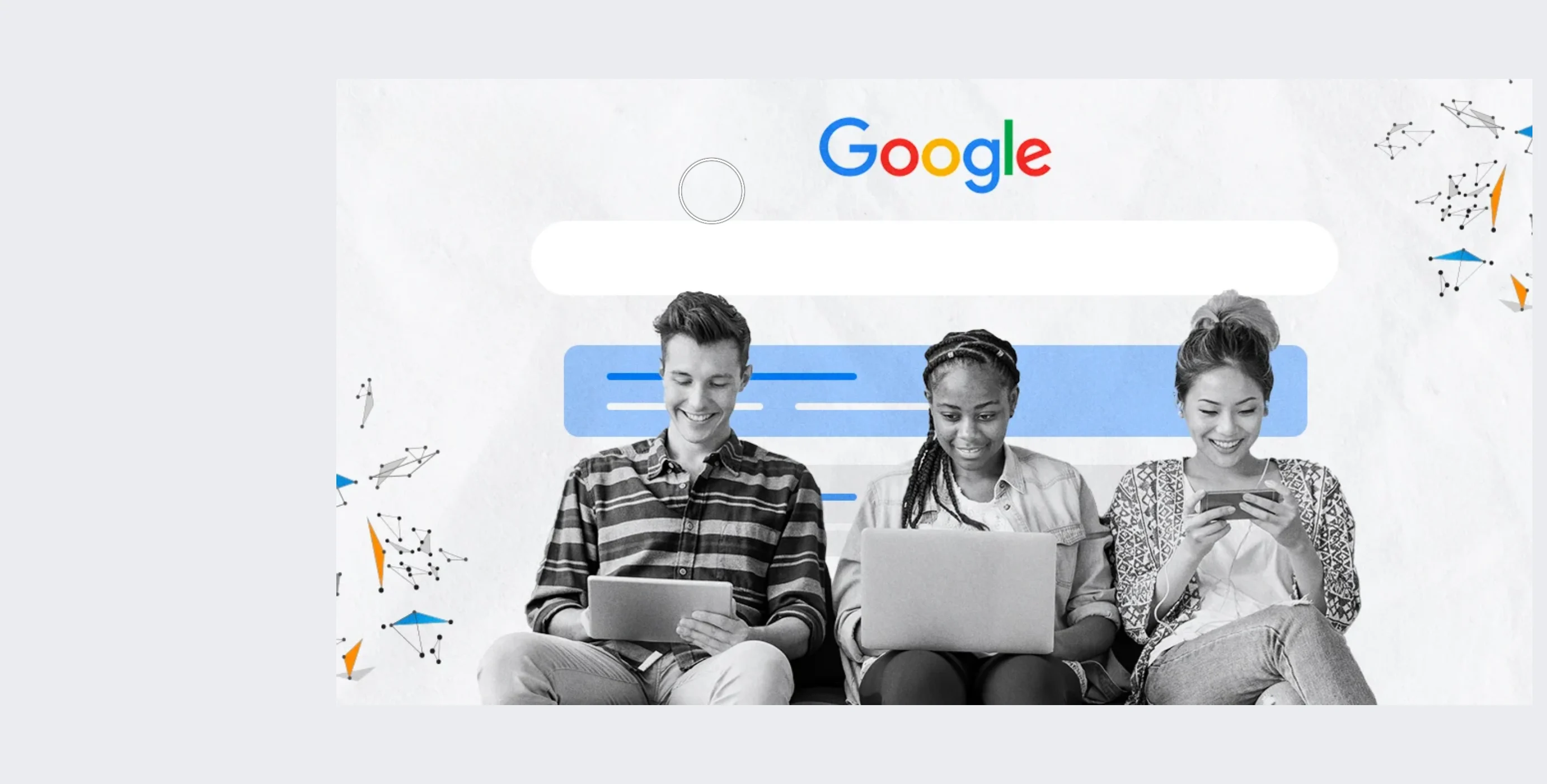 Overhead view of a diverse team collaborating around a table with laptops, charts, reports, and marketing strategy documents.