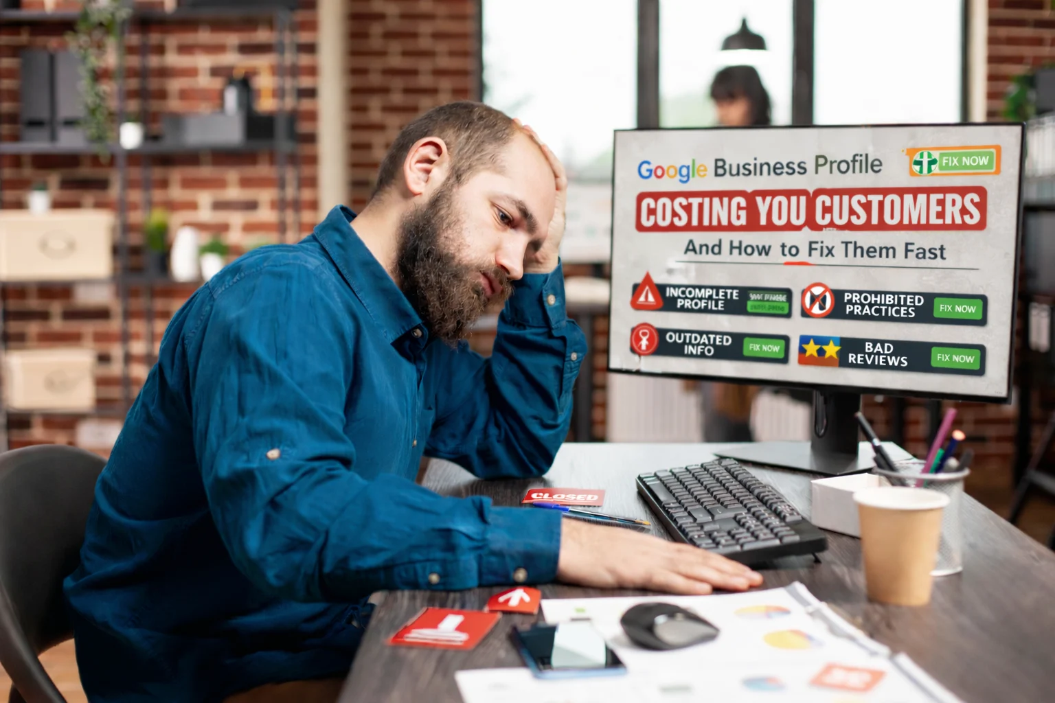 Frustrated business owner reviewing Google Business Profile mistakes on computer screen showing incomplete profile, outdated info, prohibited practices, and bad reviews