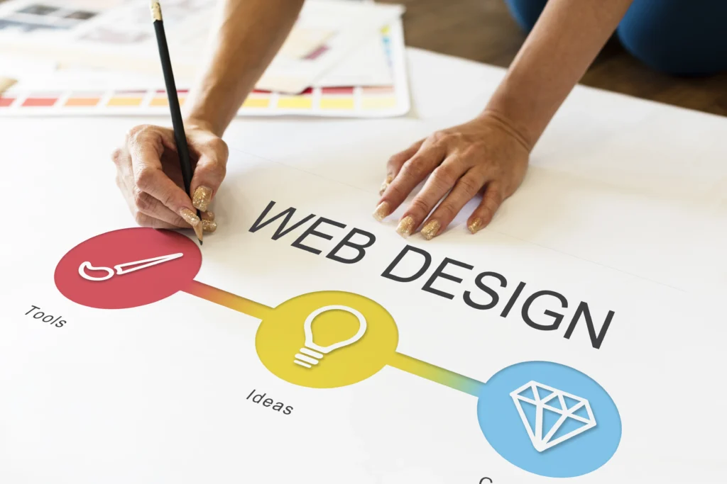Professional web design and development concept showing a designer sketching website ideas with creative tools and branding elements for small business growth.