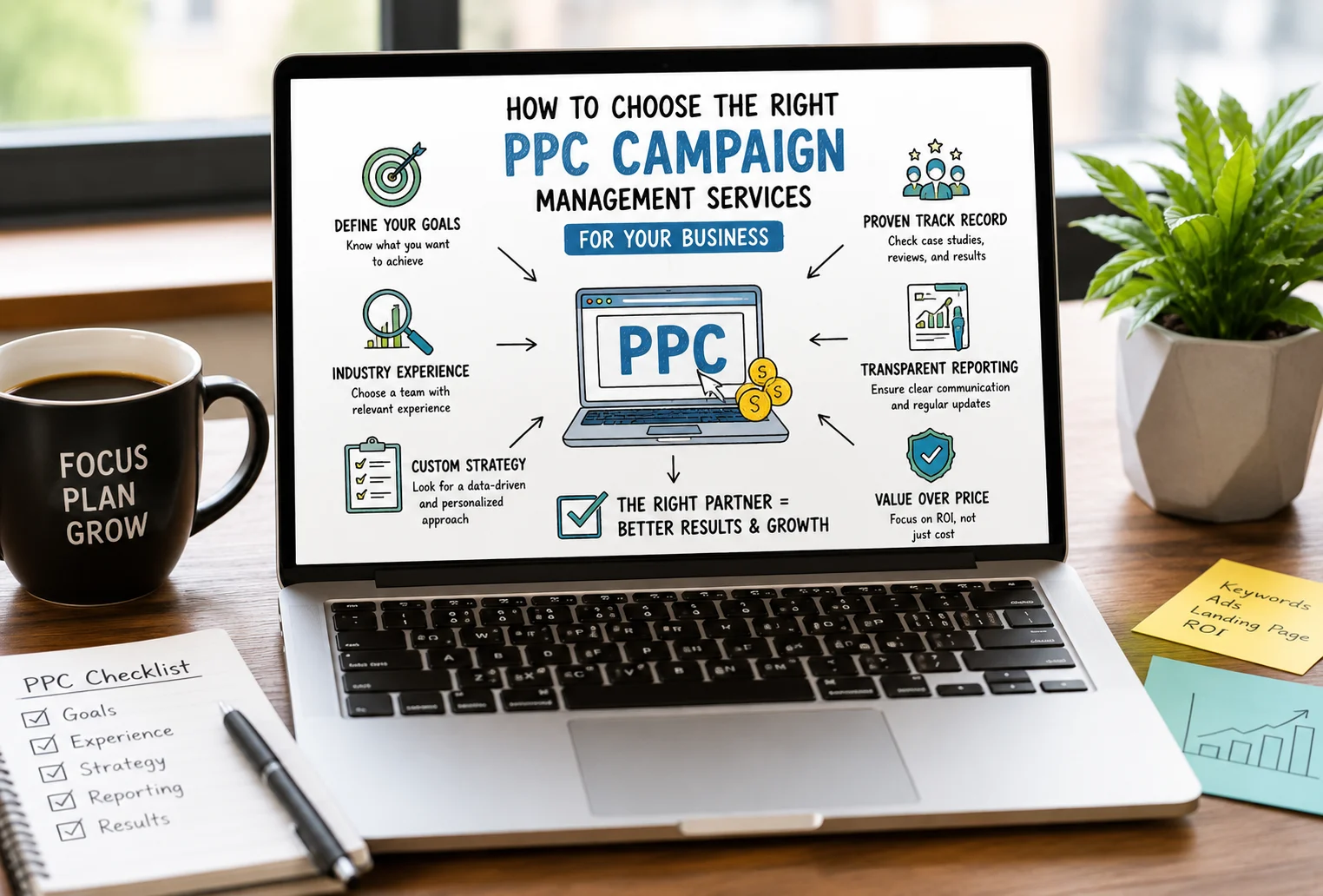 Laptop displaying a PPC campaign management strategy infographic on a desk with a coffee mug, checklist, and plant, illustrating key factors to consider when choosing PPC campaign management services for business growth