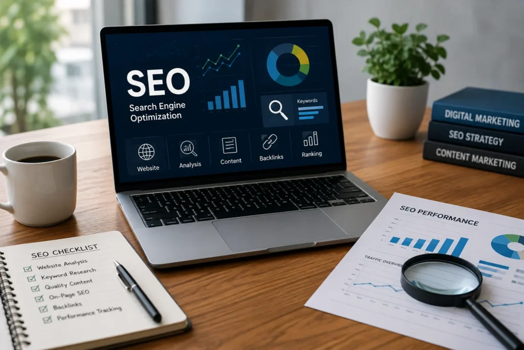 SEO marketing strategy and performance analysis on a laptop for choosing an SEO company in the USA